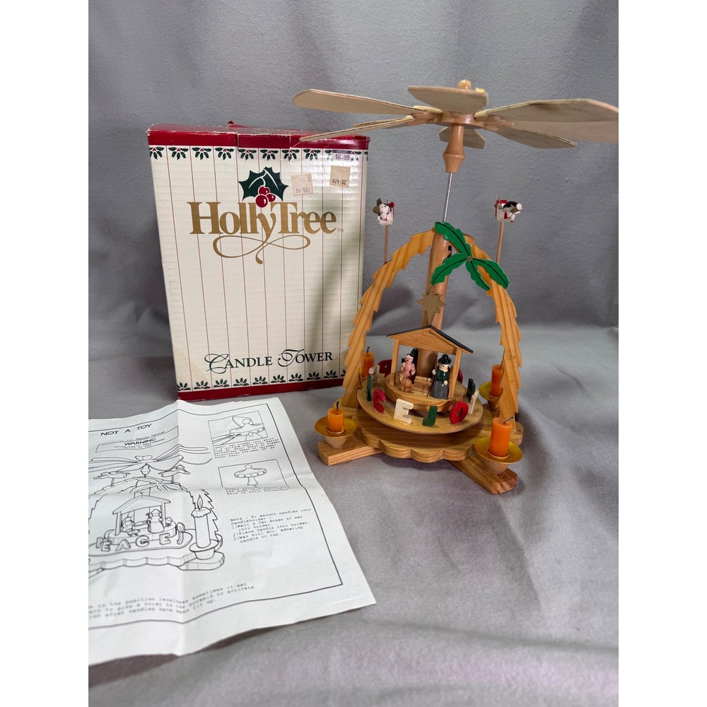 Holly Tree Nativity Carousel Single Tier Candle Tower Vintage Christmas Decor